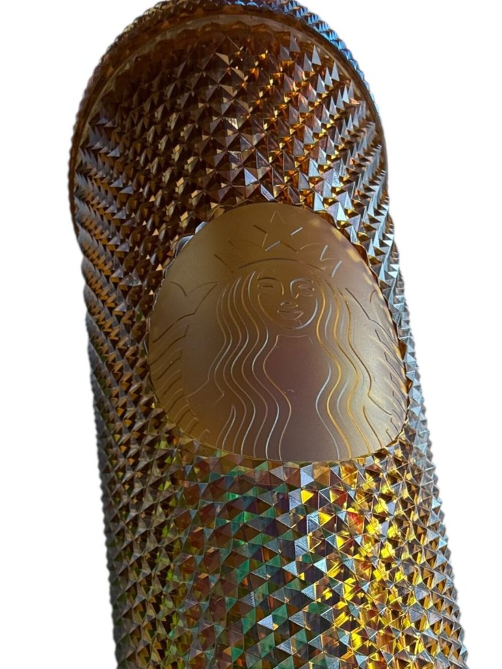 STARBUCKS Acrylic Tumbler Studded, Plastic, with Lid, Straw.  Gold. Iridescent.
